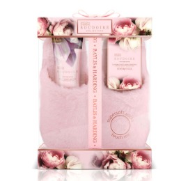 Set Cadou Baylis & Harding Boudoire Moonlight Peony Slipper Set - Lotiune pentru Picioare 140ml, Cristale pentru Pedichiura 100g, Papuci