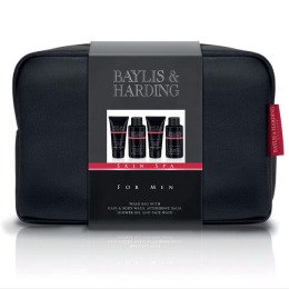 Set Cadou Baylis &amp; Harding Men&#039;s Skin Spa Wash Bag - Lotiune de Curatare pentru Par si Corp 100ml, Gel de Dus 50ml, Balsam Aftershave 50ml, Lotiune de Curatare pentru Ten 100ml