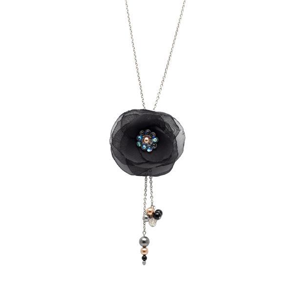 Colier lung elegant, perle Swarovski, din otel inoxidabil, floare neagra, Zia Fashion