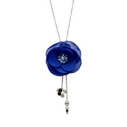Colier lung handmade, elegant, cu perle Swarovski si onix, din otel inoxidabil, floare albastra, Zia Fashion