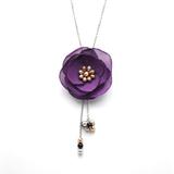 Colier lung handmade, elegant, cu perle Swarovski si onix, din otel inoxidabil, floare mov, Zia Fashion