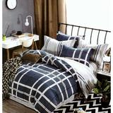 Lenjerie de pat dublu, din finet, albastru marin cu dungi albe si negre, 6 piese - Casa New Fashion