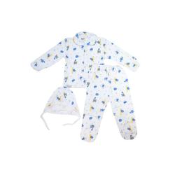 Pijama bebelusi iarna, 3 piese, 3 - 6 luni, bumbac 100%, vanisat (finet), strumfi, alb si albastru