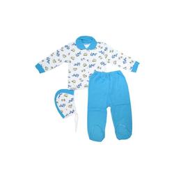 Pijama bebelusi iarna, 3 piese, 3 - 6 luni, bumbac 100%, vanisat (finet), iepurasi, alb si albastru