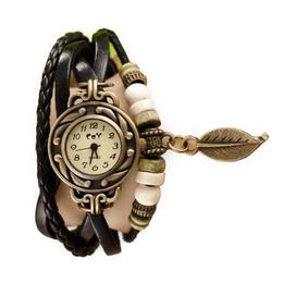 Ceas de dama retro vintage, curea din piele, accesoriu frunza, culoare negru
