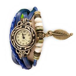 Ceas de dama retro vintage, curea din piele, accesoriu frunza, culoare blue