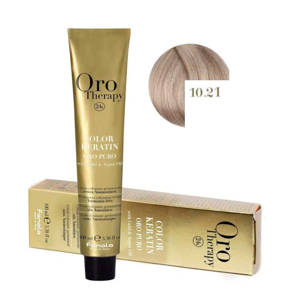 Vopsea Permanenta fara Amoniac Fanola Oro Therapy Color Keratin 10.21 Blond Platinat Violet Cenusiu, 100ml