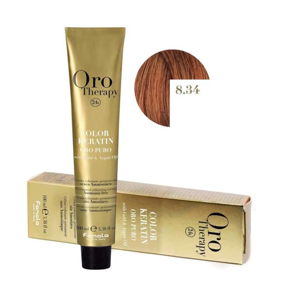 Vopsea Permanenta fara Amoniac Fanola Oro Therapy Color Keratin 8.34 Blond Deschis Auriu Aramiu, 100ml