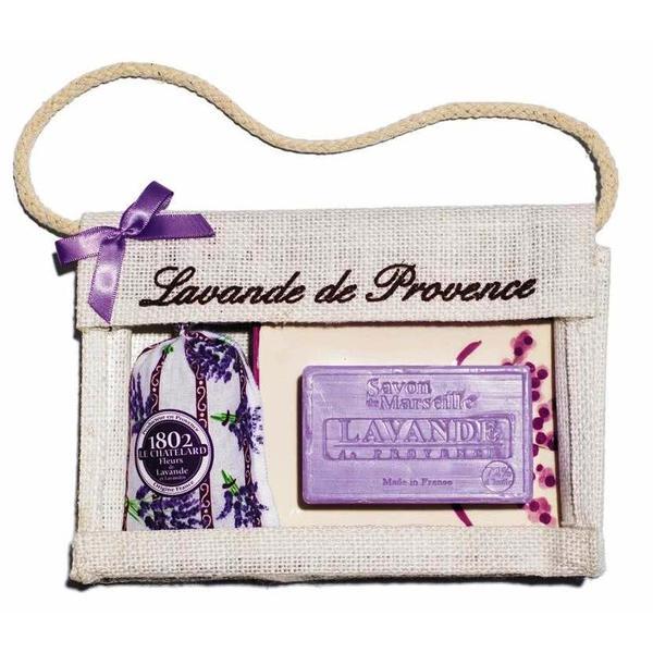 Set Cadou Poseta Iuta Sapun Marsilia 100g Lavanda Savoniera Ceramica si Saculet Flori Lavanda Provence 18g Le Chatelard 1802