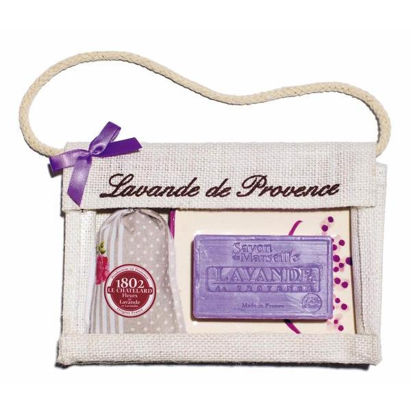 Set Cadou Poseta Iuta Sapun Marsilia 100g Lavanda Savoniera Ceramica si Saculet Flori Lavanda Provence 18g Le Chatelard 1802