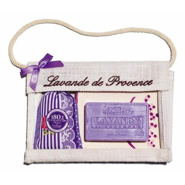 Set Cadou Poseta Iuta Sapun Marsilia 100g Lavanda Savoniera Ceramica si Saculet Flori Lavanda Provence 18g Le Chatelard 1802