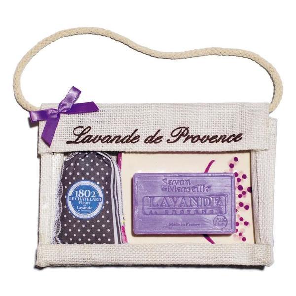 Set Cadou Poseta Iuta Sapun Marsilia 100g Lavanda Savoniera Ceramica si Saculet Flori Lavanda Provence 18g Le Chatelard 1802