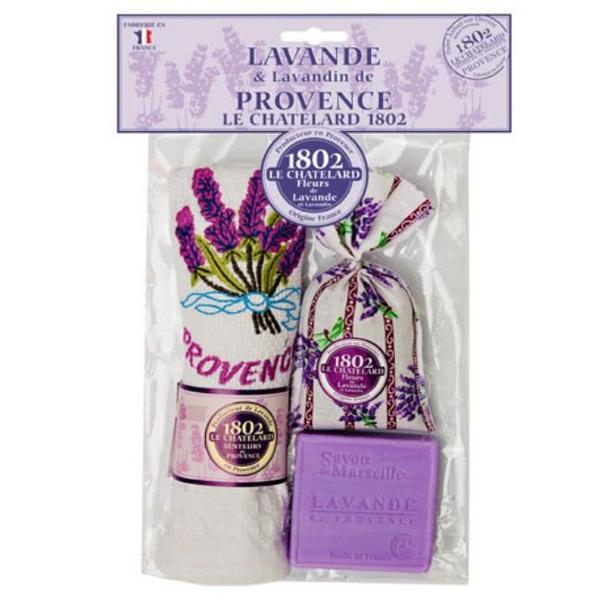 Set Cadou Sapun Natural Marsilia 100g Lavanda Saculet Flori Lavanda Naturala de Provence 18g Prosop Brodat Le Chatelard 1802