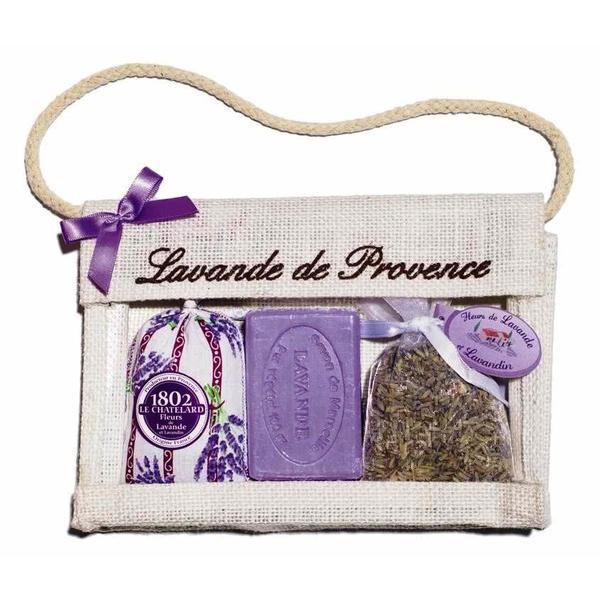 Set Cadou Poseta Iuta Naturala Sapun Marsilia 100g Lavanda si 2 Saculeti Flori Lavanda Provence 18g si 15g Le Chatelard 1802