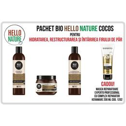 Pachet BIO Hello Nature cu cocos pentru hidratarea, restructurarea si intarirea firului de par ( sampon + balsam + masca + masca cadou )