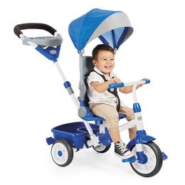 Tricicleta Little Tikes Perfect Fit 4 in 1 cu maner de impins, acoperis,centura de siguranta, spatiu depozitare Albastra