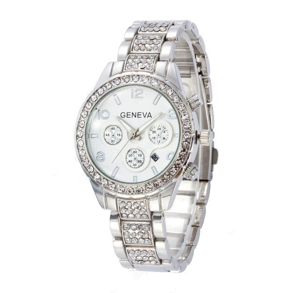 Ceas dama geneva cs909, afisare data, bratara metalica, stil elegant, cadran cu cristale