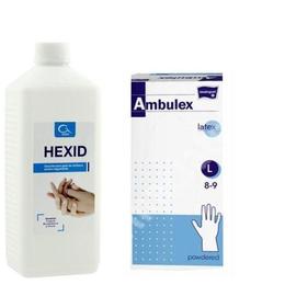 Pachet: Hexid -dozator 1 litru dezinfectant tegumente + Manusi Ambulex latex masura L