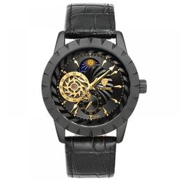 Ceas barbatesc Tevise negru mecanism automatic cu Tourbillon si Moon Phase bratara din piele stil Business + cutie cadou