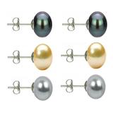 Set Cercei Argint cu Perle Naturale Negre, Crem si Gri de 10 mm - Cadouri si perle