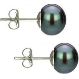 Cercei argint cu perle naturale buton, negre, de 7,5 mm - cadouri si perle