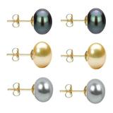 Set Cercei Aur cu Perle Naturale Negre, Crem si Gri de 10 mm - Cadouri si Perle
