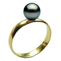Inel din aur cu perla naturala neagra premium de 8 mm