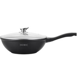 Tigaie wok cu capac 30 cm, invelis marmura, Royalty Line, negru
