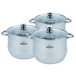 Set 3 oale cu capace sticla, Bohmann BH 3434, (26/28/30cm), fund gros, Inox