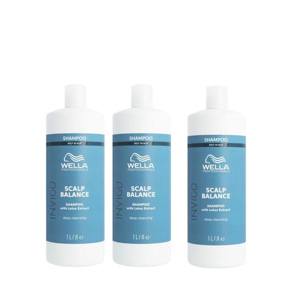 Pachet 3 x Sampon pentru Curatare Profunda pentru Scalp Gras - Wella Professionals Invigo Scalp Balance Deep Cleansing, 1000 ml