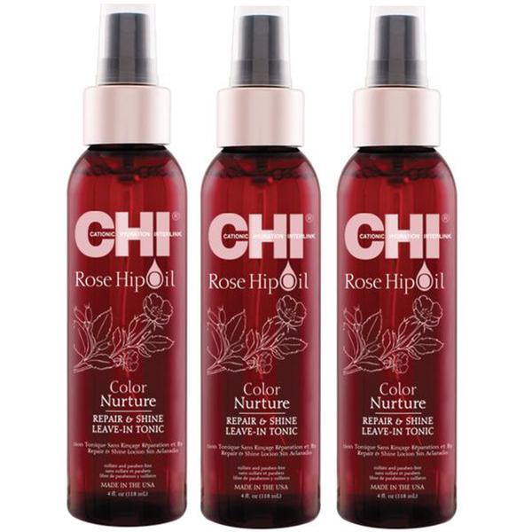 Pachet 3 x Lotiune Tonica Reparatoare Leave-In pentru Par Vopsit – CHI Farouk Rose Hip Oil Color Nurture Repair & Shine Leave-In Tonic, 118ml 118ml