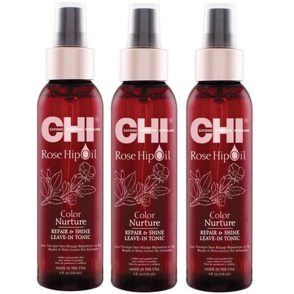 Pachet 3 x Lotiune Tonica Reparatoare Leave-In pentru Par Vopsit - CHI Farouk Rose Hip Oil Color Nurture Repair &amp; Shine Leave-In Tonic, 118ml