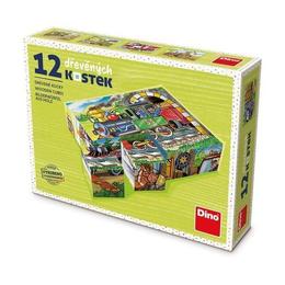 Puzzle din lemn, cuburi, locomotiva, 12buc, 6 imagini posibile