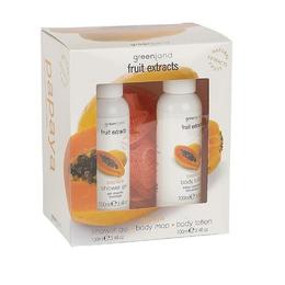 Set cadou mic, cu papaya, lotiune corp 100ml, gel dus 100ml, loofa, greenland