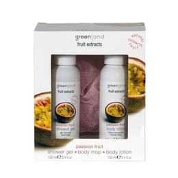 Set cadou mic, cu fructul pasiunii, lotiune corp 100ml, gel dus 100ml, loofa, greenland