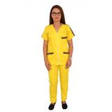 Costum medical galben cu motive traditionale, femei, cu anchior in forma V, XS INTL