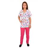 Costum medical imprimat Kitty, femei, cu anchior in forma V si pantaloni ciclam, S INTL