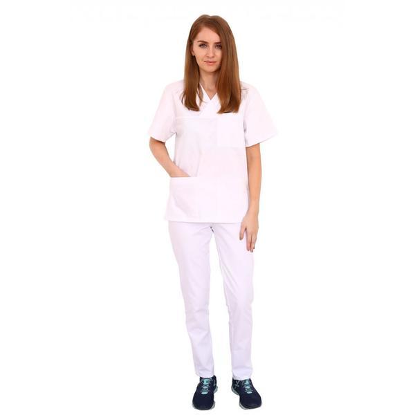 Costum medical, unisex, cu anchior in forma V, cu trei buzunare aplicate, alb, XL INTL