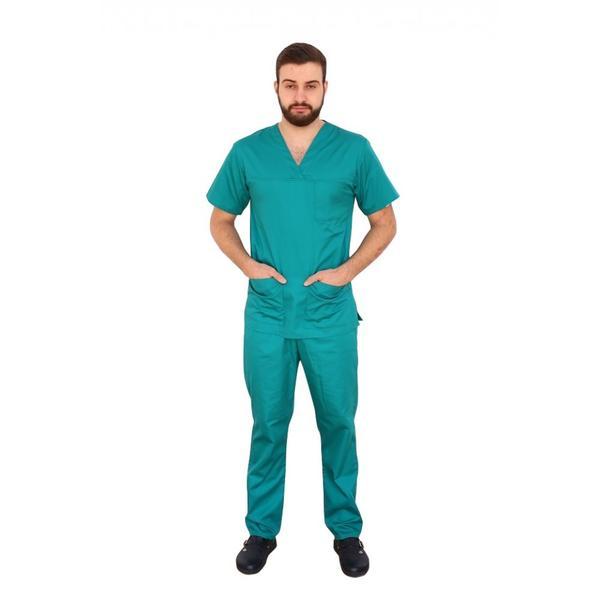Costum medical, barbati, cu anchior in forma V, cu trei buzunare aplicate, verde chirurgical, L INTL