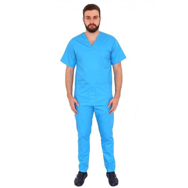 Costum medical, barbati, cu anchior in forma V, cu trei buzunare aplicate, turquoise, L INTL