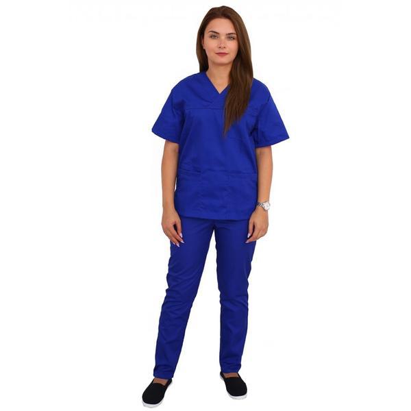 Costum medical, unisex, cu anchior in forma V, cu trei buzunare aplicate, albastru, XL INTL