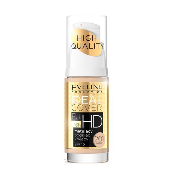 Fond de ten, Eveline Cosmetics, High Quality, Ideal Cover FULL HD 16h, SPF 10, 201 Ivory, 30 ml
