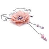 Colier lung elegant, floare roz pudra, perle, Pink Fairy, Zia Fashion