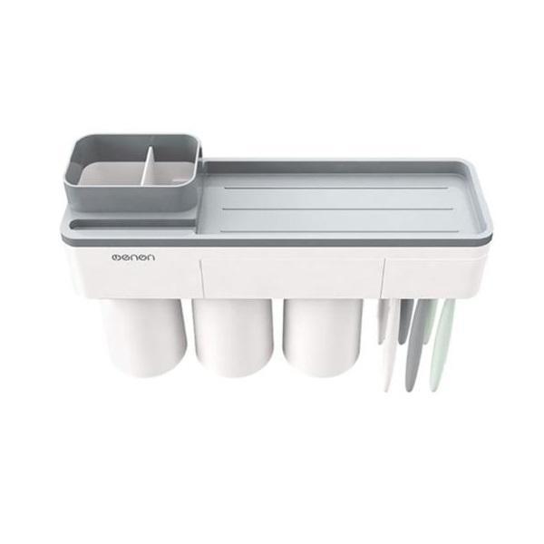 Dozator, dispenser pasta de dinti cu suport multifunctional magnetic pentru 3 pahare, 6 periute si suport telefon mobil de culoare gri cu alb - Maxdeco