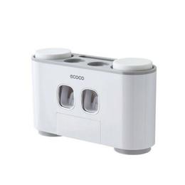 Dozator, dispenser pasta de dinti multifunctional cu suport magnetic pentru 4 pahare, 5 periute si suport accesorii de culoare gri cu alb - maxdeco