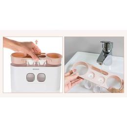 Dozator, dispenser pasta de dinti multifunctional cu suport magnetic pentru 4 pahare, 5 periute si suport accesorii de culoare roz cu alb - Maxdeco