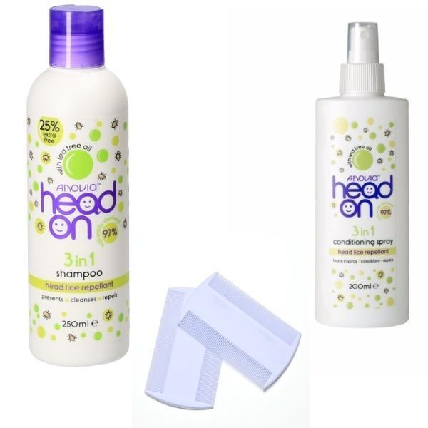 Set cadou Tratament Anti-paduchi ANOVIA, Sampon Head On cu Ulei de Arbore de ceai Anti-paduchi 250ml + Tratament Spray Head On Anti-paduchi 200ml + Set 2 piepteni pentru paduchi
