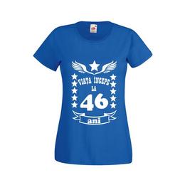 Tricou dama personalizat fruit of the loom, albastru, viata incepe la 46 ani l