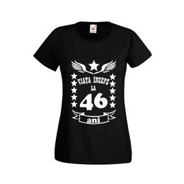 Tricou dama personalizat fruit of the loom, negru, viata incepe la 46 ani 2xl