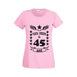 Tricou dama personalizat fruit of the loom, roz, viata incepe la 45 ani l